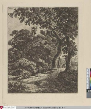 [Zwei Reisende machen Rast im Wald; Two travellers resting in the woods]