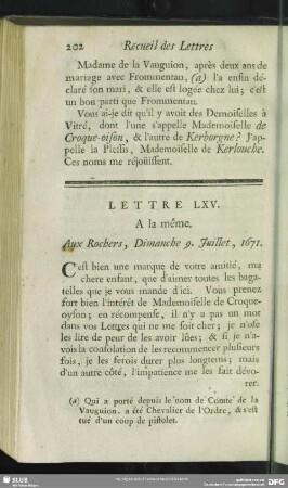 Lettre LXV. A la même. Aux Rochers, Dimanche 9. Juillet, 1671