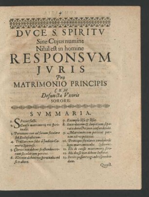 Duce S. Spiritu Sine Cujus numine Nihil est in homine Responsum Juris Pro Matrimonio Principis Cum Defunctae Uxoris Sorore.