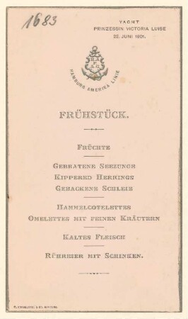 Menükarte : Frühstück, Yacht Prinzessin Victoeria Luise