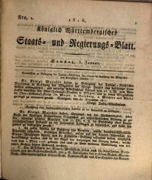 Königlich-Württembergisches Staats- und Regierungsblatt : vom Jahr ... 1818