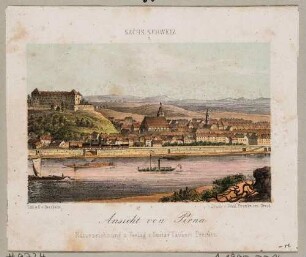 Stadtansicht von Pirna mit dem Sonnenstein und der Marienkirche von Nordosten über die Elbe