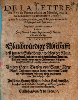 Copie de la Lettre du Roy de France éscrite au Monseign. le Comte de Bury