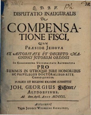 Disputatio Inauguralis De Compensatione Fisci