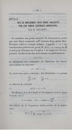 Sur le mouvement d'un point sollicité par une force centrale constante.