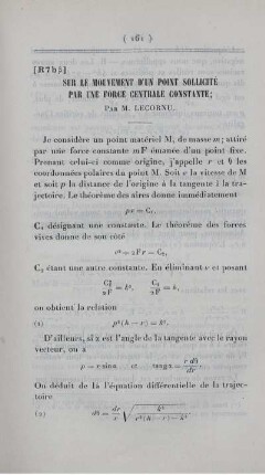 Sur le mouvement d'un point sollicité par une force centrale constante.