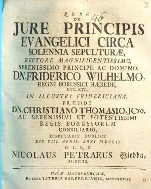 De Jure Principis Evangelici Circa Solennia Sepulturae