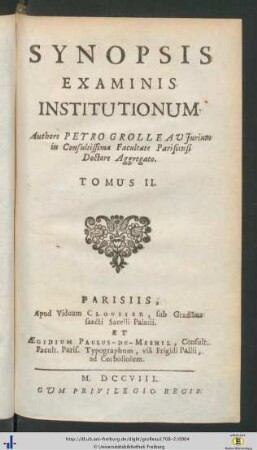 Tomus II: Examen Institutionum Civilium, Cvm Synopsi Ejusdem Examinis