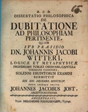 Diss. philos. de dubitatione, ad philosophiam pertinente