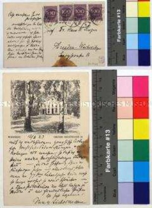Eigenhändige Postkarte von Max Liebermann an Hans W. Singer in Dresden mit der Mitteilung, dass er ihm keine Radierung für sein Jahrbuch senden kann, mit Ansicht von Liebermanns Villa am Wannsee; Berlin, 12. Aug. 1923