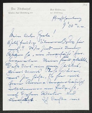 Brief von Fritz Brehmer an Margarete Hauptmann