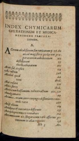 Index Chymicarum Operationum Et Medicamentorum Praeparationum.