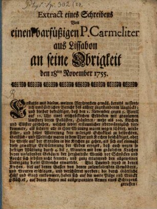 Extract von einem barfüßigen P. Carmeliter aus Lissabon an seine Obrigkeit d. 18. Nov. 1755