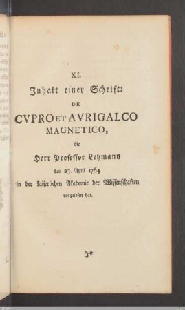 XI. Inhalt einer Schrift: De cupro et aurigalco magnetico