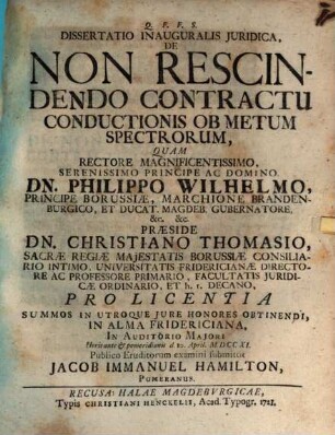 Dissertatio Inauguralis Juridica, De Non Rescindendo Contractu Conductionis Ob Metum Spectrorum