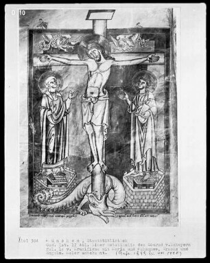 Liber matutinalis des Konrad von Scheyern — Christus am Kreuz besiegt den Drachen mit Maria und Johannes, Folio 14verso