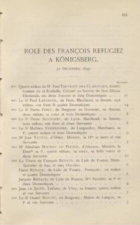 Role des françois refugiez à Königsberg. 31 décembre 1699