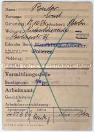 Meldekarte des Arbeitsamtes ("Stempelkarte")