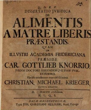 Dissertatio juridica de alimentis, a matre liberis praestandis