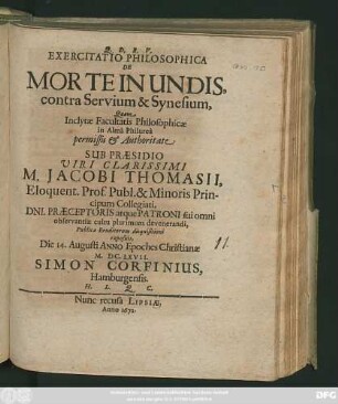 Exercitatio Philosophica De Morte In Undis, contra Servium & Synesium