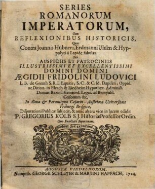 Series Romanorum Imperatorum : Cum Reflexionibus Historicis