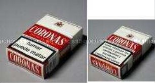 Zigarettenschachtel "Coronos / American Blend", geöffnet, ohne Inhalt, mit Aufdruck: Warnung vor dem Rauchen (spanisch)