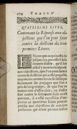 Quatriesme Livre. Contenant la Réponse aux objections que l'on peut faire contre la doctrine des trois premiers Livres.