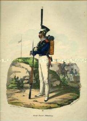 Uniformdarstellung, Pionier der Garde-Pionier-Abteilung, Preußen 1830. Aus: Elzholz u.a.: Das Preussische Heer. Tafel 15.