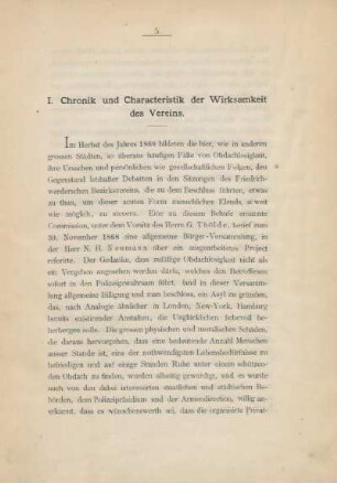 I. Chronik und Characteristik der Wirksamkeit des Vereins