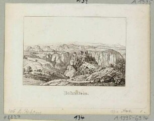 Die Burg Hohnstein in der Sächsischen Schweiz, Blick von oberhalb nach Südosten, Blatt aus "Andenken an die Sächsische Schweiz von C. A. Richter 1820"