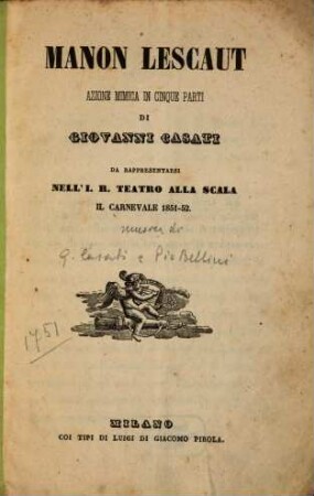 Manon Lescaut : azione mimica in cinque parti ; da rappresentarsi nell'I. R. Teatro alla Scala il carnevale 1851 - 52