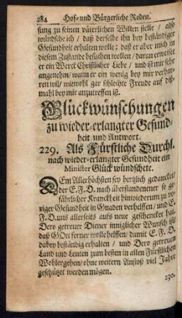 Glückwünschungen zu wieder-erlangter Gesundheit und Antwort. 229. - 236.