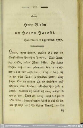 40. Herr Gleim an Herrn Jacobi. Halberstadt den 25sten Nov. 1767