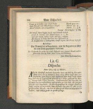 Lit. G. Dispache. Anno 1704. ady 25 October.