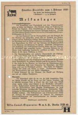 Melkanlagen. Händler-Preisliste vom 1.Febr.1930