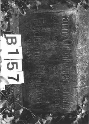 Grabstein 157 (Index: 100081994) Material: Sandstein Zustand: verwittert mit Textverlust Maße HxBxT: 146x63x44 cm Beschreibung: Stele, Sockel, Giebel, rechteckiges Schriftfeld eingetieft: Grabstein 157B