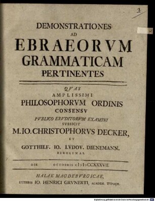Demonstrationes Ad Ebraeorvm Grammaticam Pertinentes