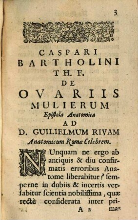 De ovariis mulierum et generationis historia epistola anatomica