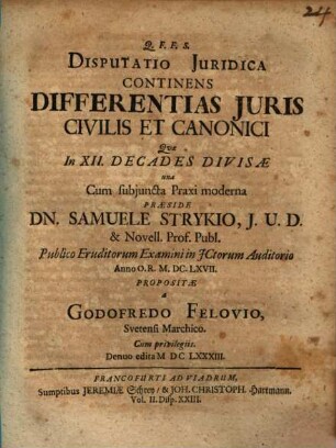 Disputatio Juridica Continens Differentias Juris Civilis Et Canonici
