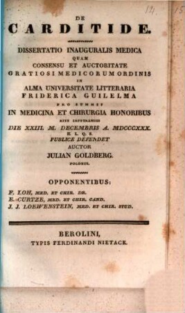 De carditide : dissertatio inauguralis medica