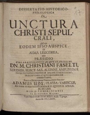 Dissertatio Historico-Philologica De Unctura Christi Sepulcrali