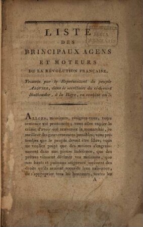 Liste des principaux agens et moteurs de la révolution française, trouvée par le Représentant du peuple Alquier, dans le secrétaire du ci-devant Stathouder, à La Haye, en ventôse an 3
