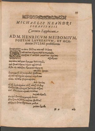 Michaelis Neandri ... Carmen Sapphicum Ad. M. Henricum Meibomium ...