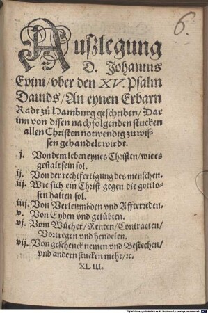Außlegung uber den 15. Psalm Davids