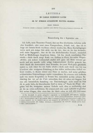 Lettera di Carlo Federico Gauss al Dr. Enrico Guglielmo Mattia Olbers.