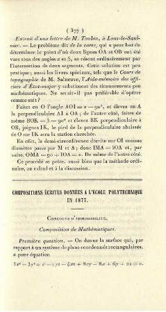 Compositions ècrites données a l'École Polytechnique en 1877.