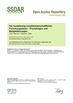 Die Kuratierung sozialwissenschaftlicher Forschungsdaten - Praxisfragen und Beispiellösungen