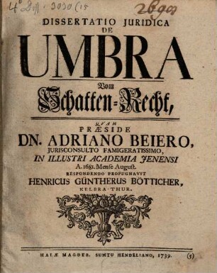 Dissertatio Juridica De Umbra : = Vom Schatten-Recht