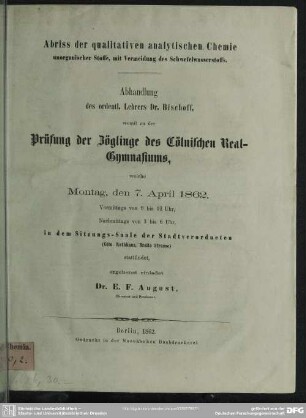 Abriss der qualitativen analytischen Chemie unorganischer Stoffe, mit Vermeidung des Schwefelwasserstoffs