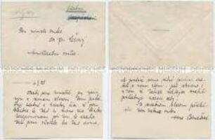 Briefkarte der Ehefrau des tschechoslowakischen Staatspräsidenten Benes an Innenminister Cerny, datiert einen Tag vor dem Rücktritt von Benes, mit Originalumschlag